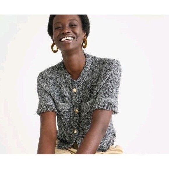 NEW J. CREW Cropped Fringe Trim Sweater Marled Yarn Black Ivory Tweed Sz Small - Picture 1 of 11